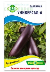Beschrijving van de variëteit van aubergine Universal 6, kenmerken van teelt en verzorging